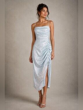 BCBG Generation Ice Blue Jacquard Midi Dress | Reworked Beaded Ruched Slip Dress